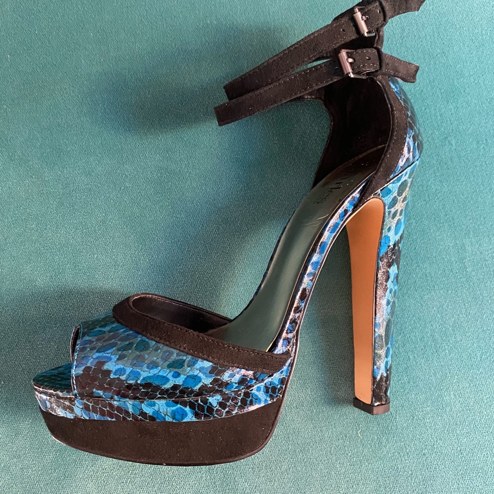 Charles David Sky High Blue and Black Snakeskin Platform Heels